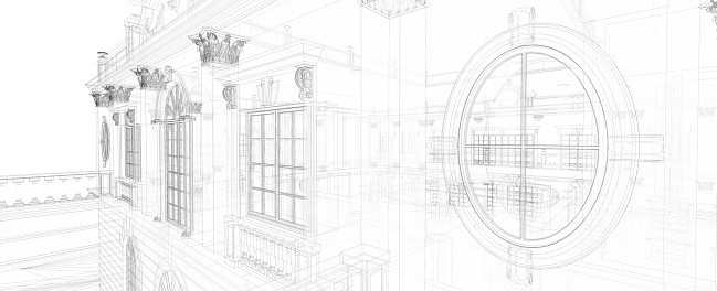Wireframe view of a 3D model of classical villa.