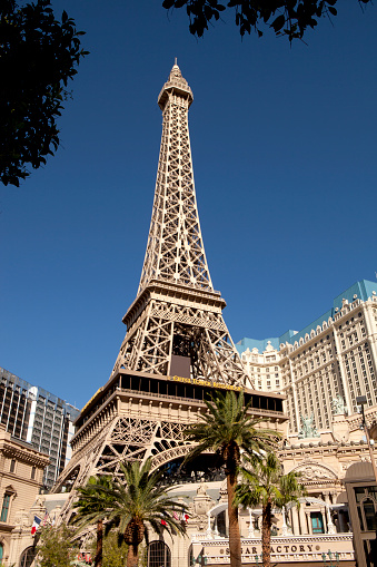 Las Vegas, Nevada, USA - September 22, 2014: The famous Las Vegas Strip in front of the Paris Casino. Picture shows the Paris Eiffel Tower replica which is about half the size of the original in France  