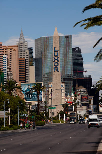 Obelisk Sign for Luxor hotel casino in Las Vegas Las Vegas, Nevada, USA - September 20, 2014: Obelisk Sign for Luxor hotel casino in Las Vegas. The hotel is named after the city of Luxor (ancient Thebes) in Egypt. Luxor. The Luxor is located on the southern end of the  Las Vegas strip.  The Obelisk, also known as a tekhenu is covered in hieroglyphics. luxor las vegas stock pictures, royalty-free photos & images