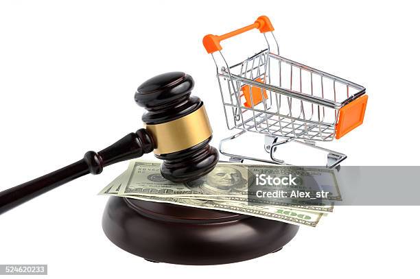Hammer Of Auctioneer With Pushcart And Dollars Isolated On White Stock Photo - Download Image Now