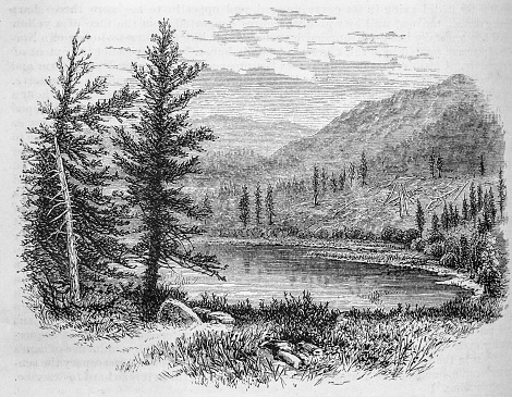 19th century illustration of a view of   beaver lake in Conejos Canyon in Southern Colorado.    May1876 copy of Harper's New Monthly Magazine.