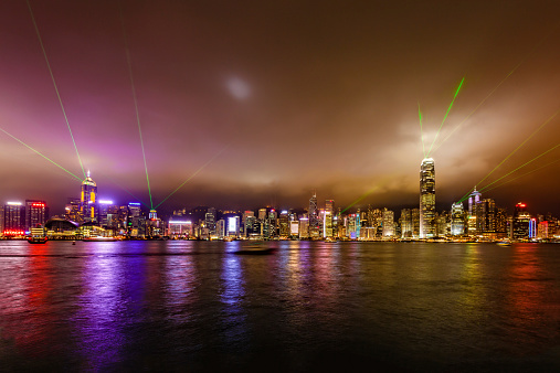 Symphony of Lights (World's Largest Permanent Light and Sound Show) at Hong Kong financial district, Victoria Harbour, Hong Kong Island.