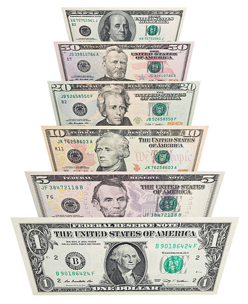 미국 banknotes 다양한 금액 - us currency five dollar bill one hundred dollar bill paper currency 뉴스 사진 이미지