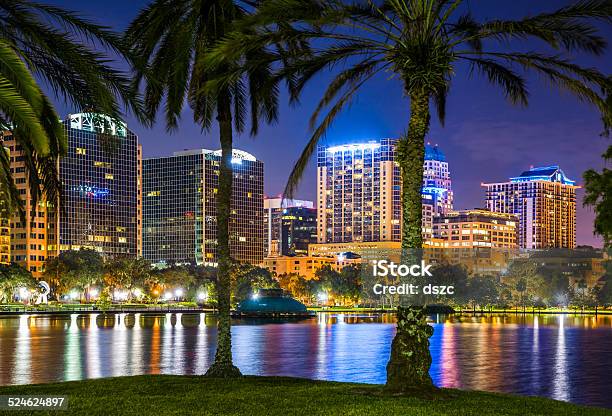 Orlando Florida Skyline Lake Eola Cityscape Skyscrapers Reflections Water Night Stock Photo - Download Image Now