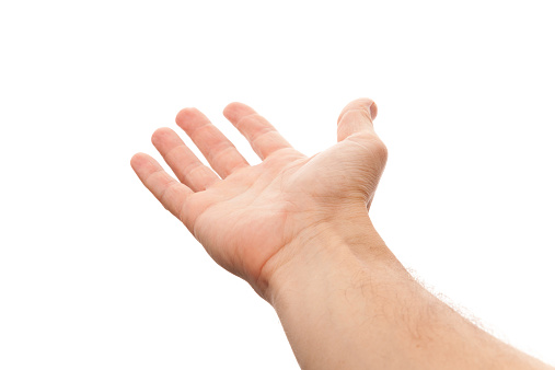 Right male hand with empty place for holding something, first-person view photo isolated on white with selective focus