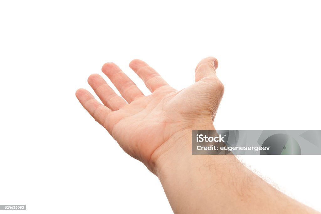Right male hand with empty place for holding something Right male hand with empty place for holding something, first-person view photo isolated on white with selective focus Personal Perspective Stock Photo