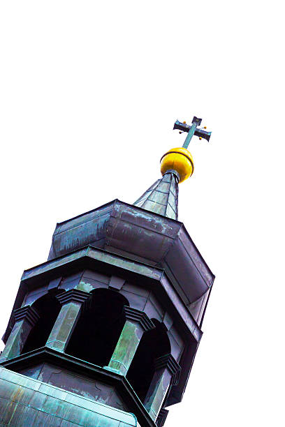 istock Closeup old Church tower against white background with copy space 524652853