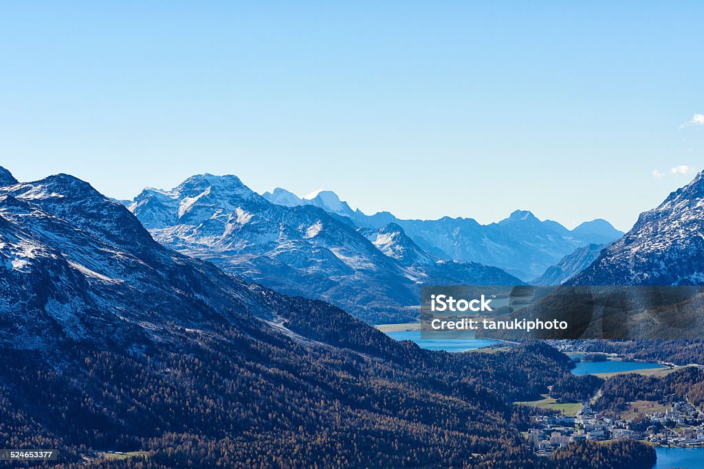 Engadin Valley Panoramic view of Engadine Vallley and the resort of St. Moritz from Punt Muragl. Samedan. Majola District. Graubünden Canton. Switzerland. Samedan Stock Photo