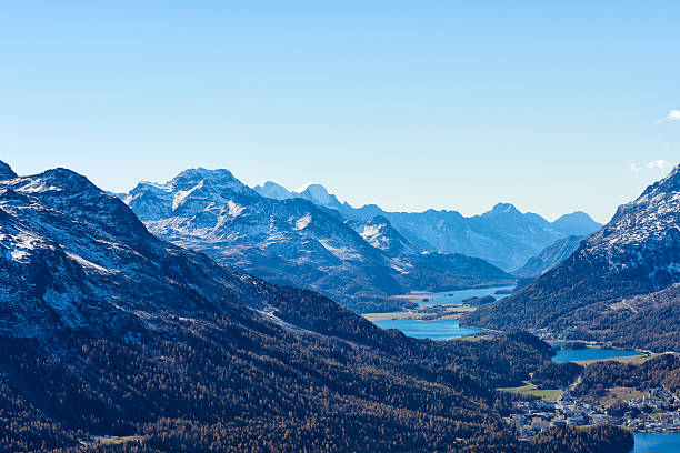 Engadin Valley Panoramic view of Engadine Vallley and the resort of St. Moritz from Punt Muragl. Samedan. Majola District. Graubünden Canton. Switzerland. samedan stock pictures, royalty-free photos & images