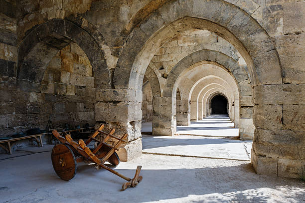 multiple arches and columns in Sultanhani caravansary on Silk Road, Turkey