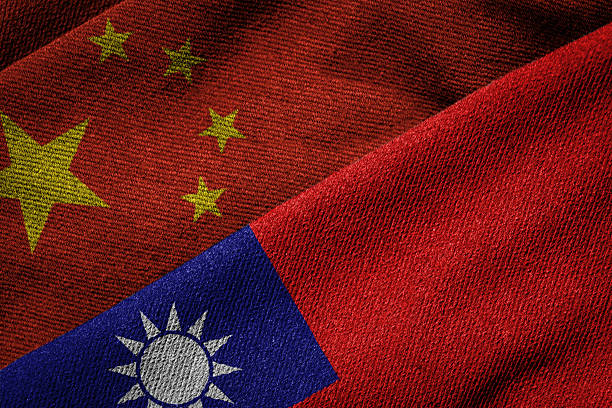 Flags of China and Taiwan on Grunge Texture 3D rendering of the flags of China and Taiwan on woven fabric texture. Concept of the political relations between the two nations. Detailed textile pattern and grunge theme. taiwanese flag stock pictures, royalty-free photos & images