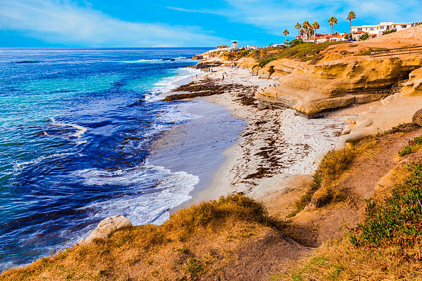 La Jolla coastline in Southern California,San Diego (P) Rocky coastline at La Jolla in Southern California near San Diego eroded stock pictures, royalty-free photos & images