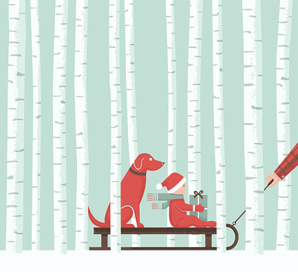 A vintage-style, textured illustration of a dad pulling a kiddo on a sled with their dog. Perfect for a holiday card or invitation (fits 5