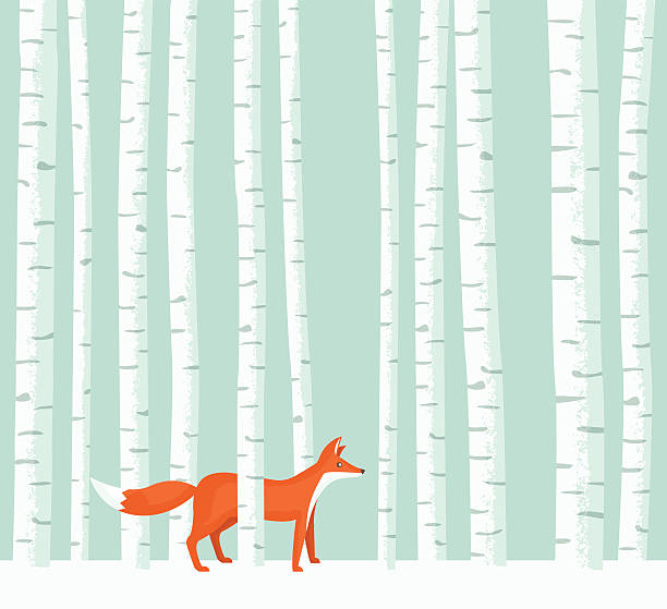 ilustrações, clipart, desenhos animados e ícones de aspen fox - christmas winter retro revival landscape