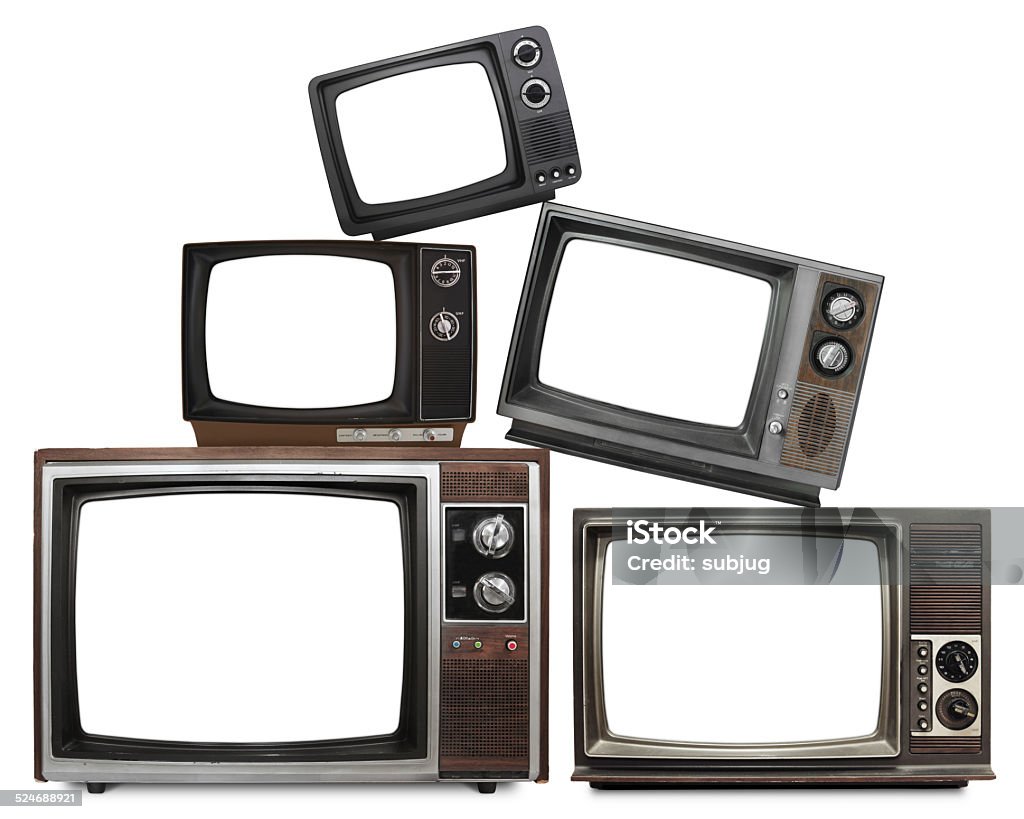 Vintage TV stack XXXL Vintage TV stack with blank screens isolated on white Television Set Stock Photo