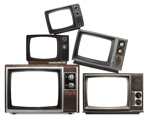 Vintage TV stack XXXL Vintage TV stack with blank screens isolated on white old television stock pictures, royalty-free photos & images