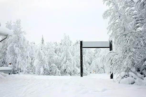 Winter forest covered in show with ski run and gate