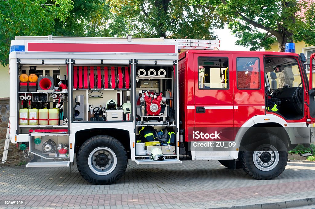 Open fire truck with equipments. Pick-up Truck Stock Photo