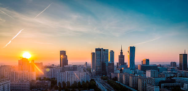 Warsaw Downtown sunrise aerial view, Poland Warsaw Downtown sunrise aerial view, Poland warsaw stock pictures, royalty-free photos & images