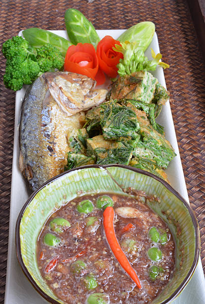 istock Fried Mackerel fish,chili sauce ,and fried vegetable with egg 524693625