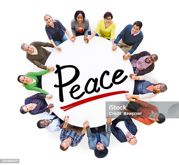 Group Of People Holding Hands Around Letter Peace Stock Photo - Download Image Now - Active Seniors, Adult, Aerial View