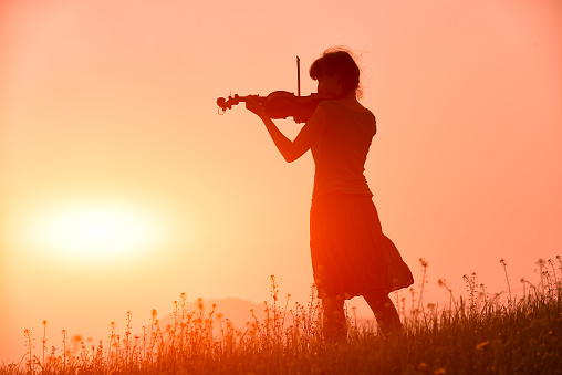 Woman playing a violin in a red sunset in nature in the meadow