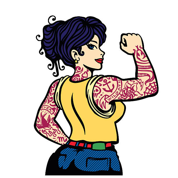 Pin-up inked bad girl full body tattooed woman vector Pin-up bad girl with full sleeve tattoo arms vector illustration, full body tattooed woman inked pin up tattoo stock illustrations