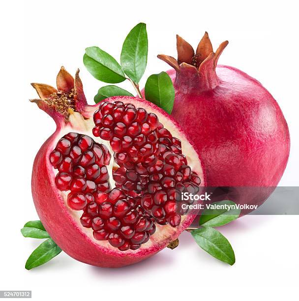 Pomegranate Fruit With Green Leaves Stock Photo - Download Image Now - Pomegranate, White Background, Pomegranate Tree