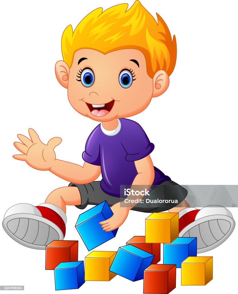 little boy play bricks vector illustration of little boy play bricks Baby - Human Age stock vector