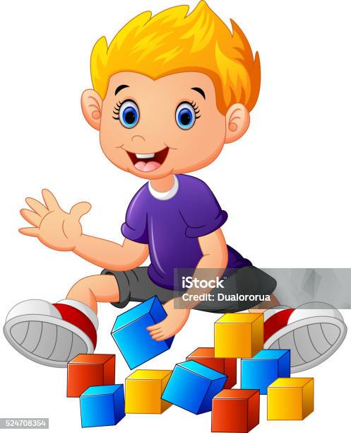 Little Boy Play Bricks Stock Illustration - Download Image Now - Baby - Human Age, Black Color, Block Shape