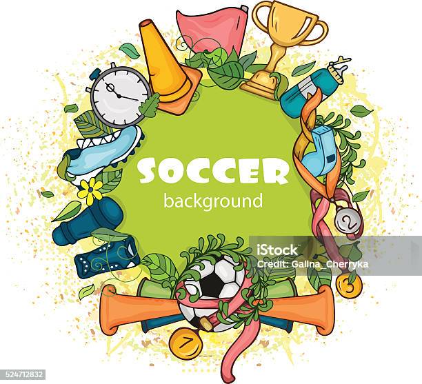 Ilustración de Garabato Colorido Composición De Fútbol Con Mundo El Deporte Objetos Sobre Verde y más Vectores Libres de Derechos de Borde
