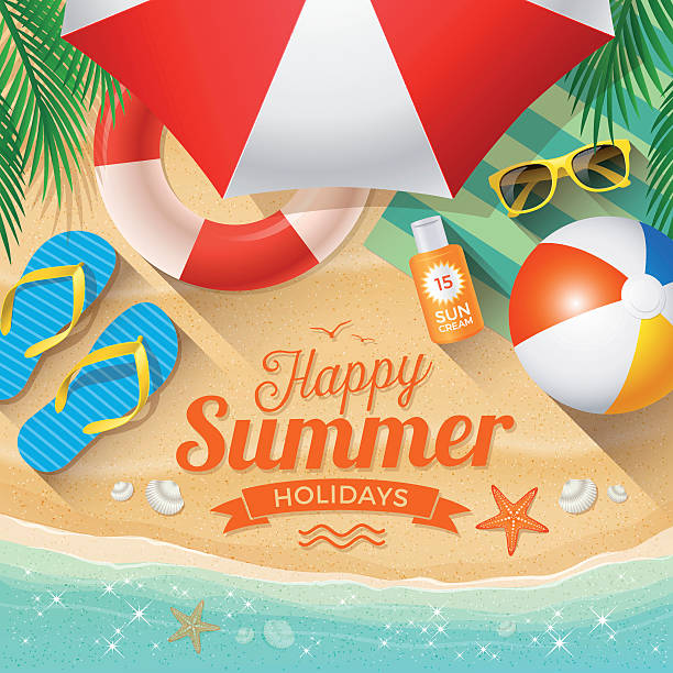 Summer Background vector illustration Summer Background with beach summer accessories and text "Happy Summer Holidays" beach holidays stock illustrations