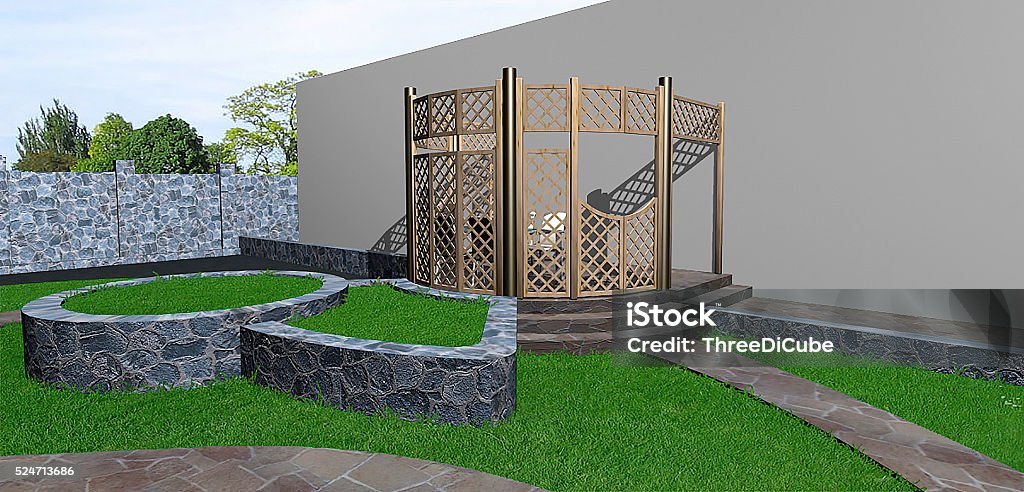 Multi level landscaping, 3d render Lightweight hedge construction, defining different areas of a garden and creates a sense of functional realization. Arrangement patio living space. At The Edge Of Stock Photo