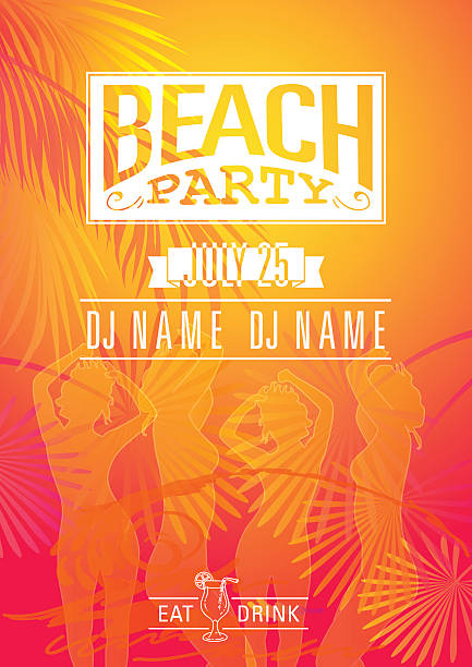 letnie beach party flyer - disco ball sunbeam evening ball design stock illustrations