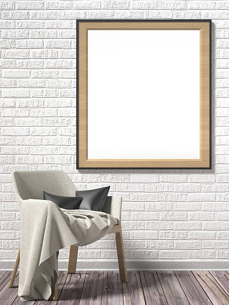 istock Blank picture frame with white armchair. Mock up poster. 3D 524715874