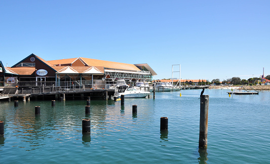 Hillarys,WA,Australia-January 22,2016: Pilings and wild cormorant in the swimming cove and marina at Hillarys Boat Harbour with tourists in Hillarys, Western Australia.