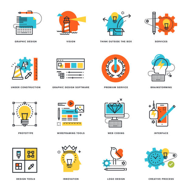 Flat line icons of graphic design, tools and creative process Set of flat line design icons of graphic design, tools and creative process. Vector illustration concepts for graphic and web design and development, isolated on white. flowchart symbols programming stock illustrations