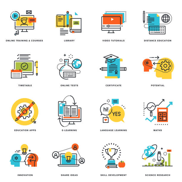 Flat line design icons of online education and e-learning Set of flat line design icons of online education and e-learning. Vector illustration concepts for graphic and web design and development, isolated on white. science research stock illustrations