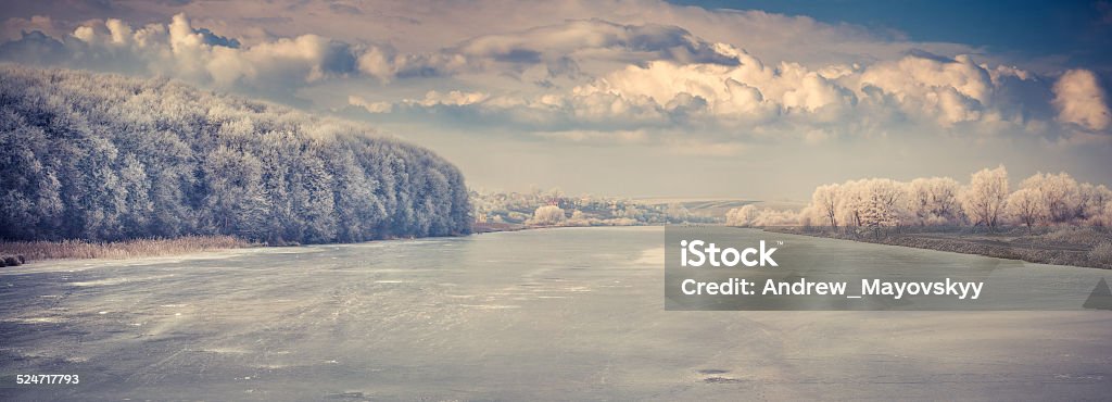 Panorama of the frozen river. Beauty In Nature Stock Photo