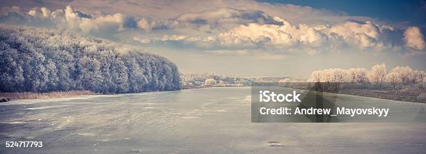 Panorama Of The Frozen River Stock Photo - Download Image Now - Beauty In Nature, Blizzard, Blue