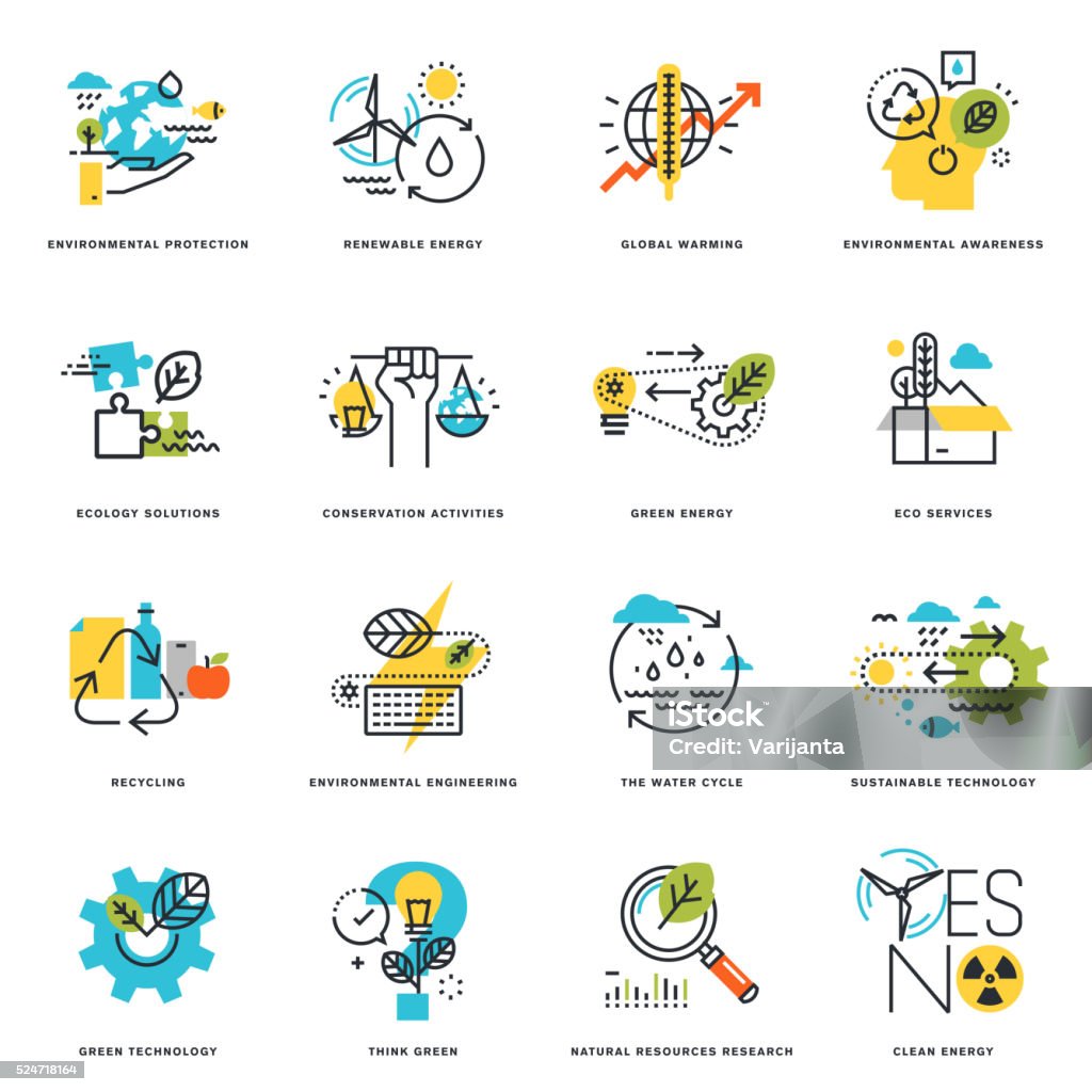 Flat line icons of nature, ecology, green technology and recycling Set of flat line design icons of nature, ecology, green technology and recycling. Vector illustration concepts for graphic and web design and development, isolated on white. Icon Symbol stock vector