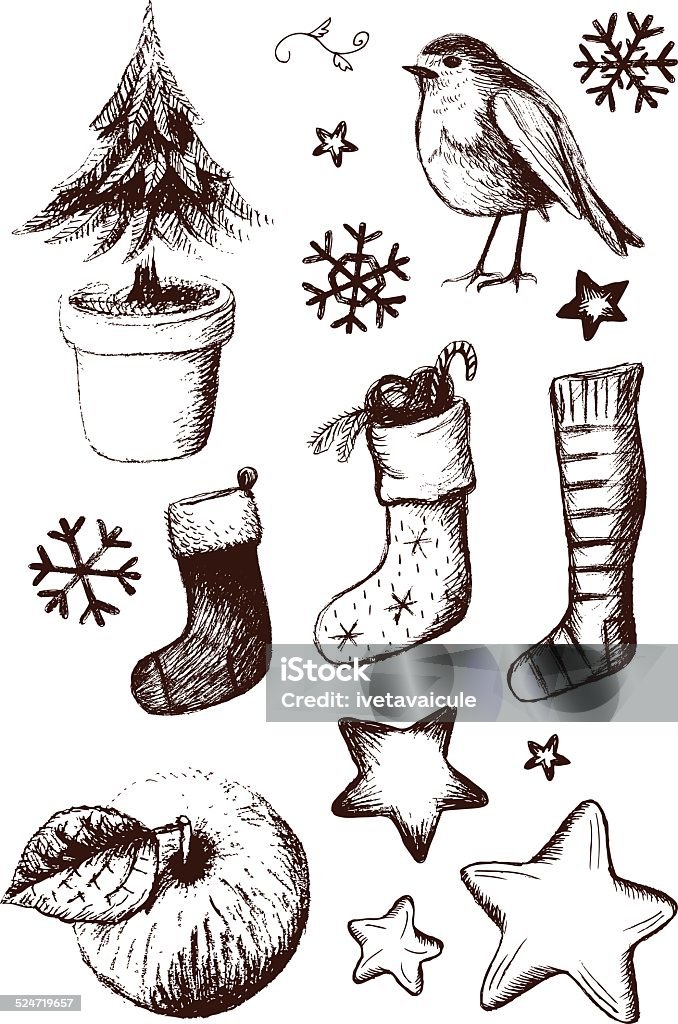 Conjunto de navidad de elementos de diseño dibujados a mano: Robin, árbol de Navidad, medias de nailon - arte vectorial de Alimento libre de derechos