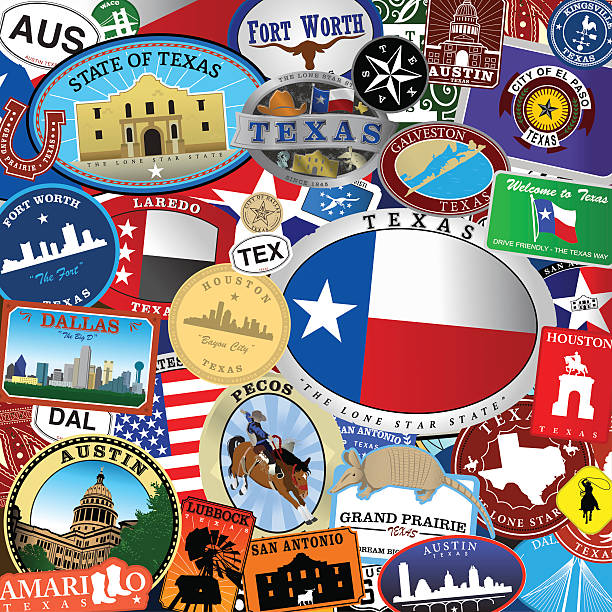 Series of stylized retro/vintage decals of different Texas Locations. 