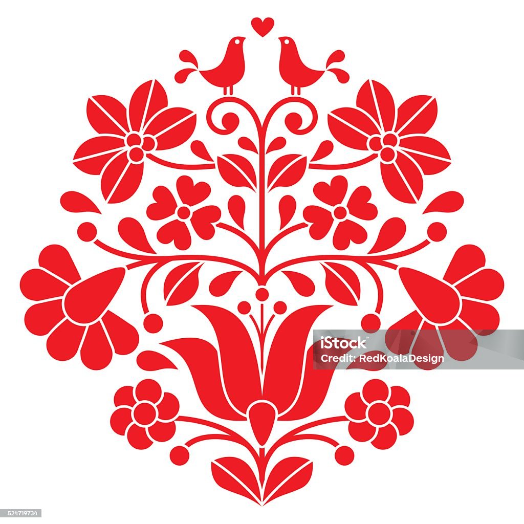 Kalocsai vermelho bordados-húngaro floral folk padrão com pássaros - Vetor de Hungria royalty-free