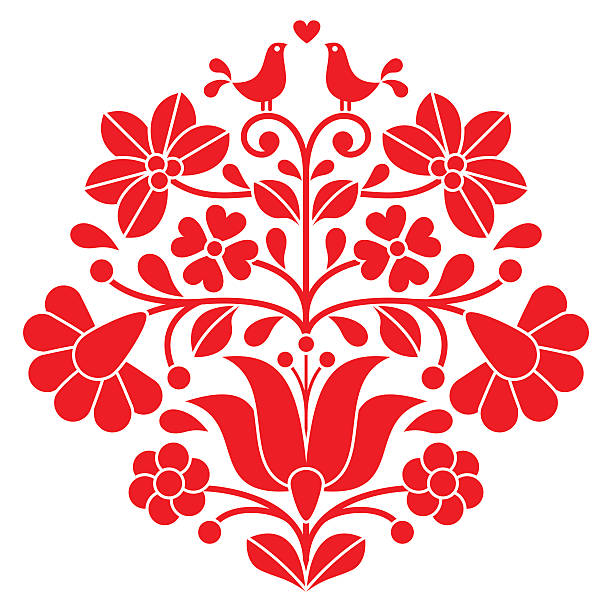 ilustrações, clipart, desenhos animados e ícones de kalocsai vermelho bordados-húngaro floral folk padrão com pássaros - hungary