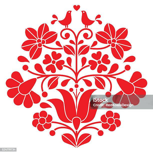 Kalocsai Red Embroidery Hungarian Floral Folk Pattern With Birds Stock Illustration - Download Image Now