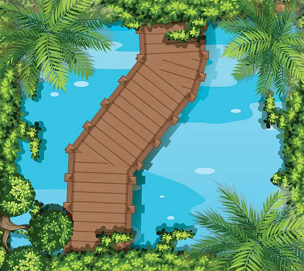 Vector illustration of Top view of pond with bridge