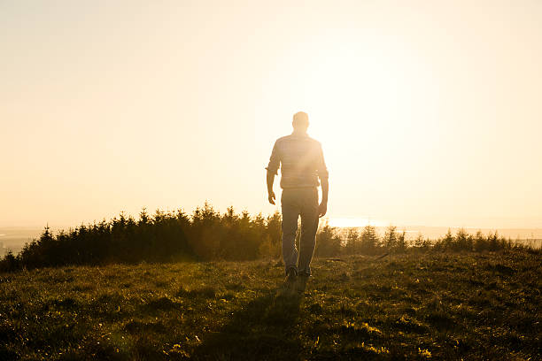istock Man walking in countryside with late afternoon sun flare 524721994