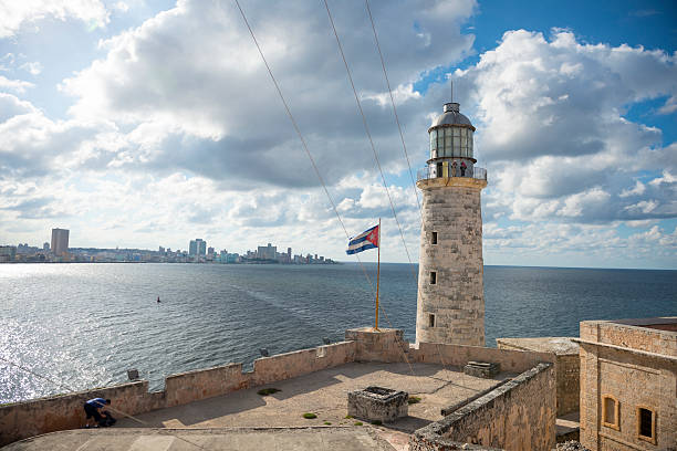 Lighthouse at Morro Castle in Havana, Cuba Havana, Cuba - December 17, 2014: People visit the fortress and lighthouse at Castillo de los Tres Santos Reyes Magnos del Morro in Havana, Cuba. The centuries-old fort guards the entrance to Havana Harbor. havana harbor photos stock pictures, royalty-free photos & images