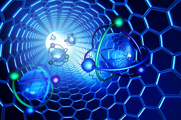 Nanotechnology, molecular structure and science concept, scientific illustration Atoms and molecules in carbon nanotube tunnel on blue background nanoparticle stock pictures, royalty-free photos & images